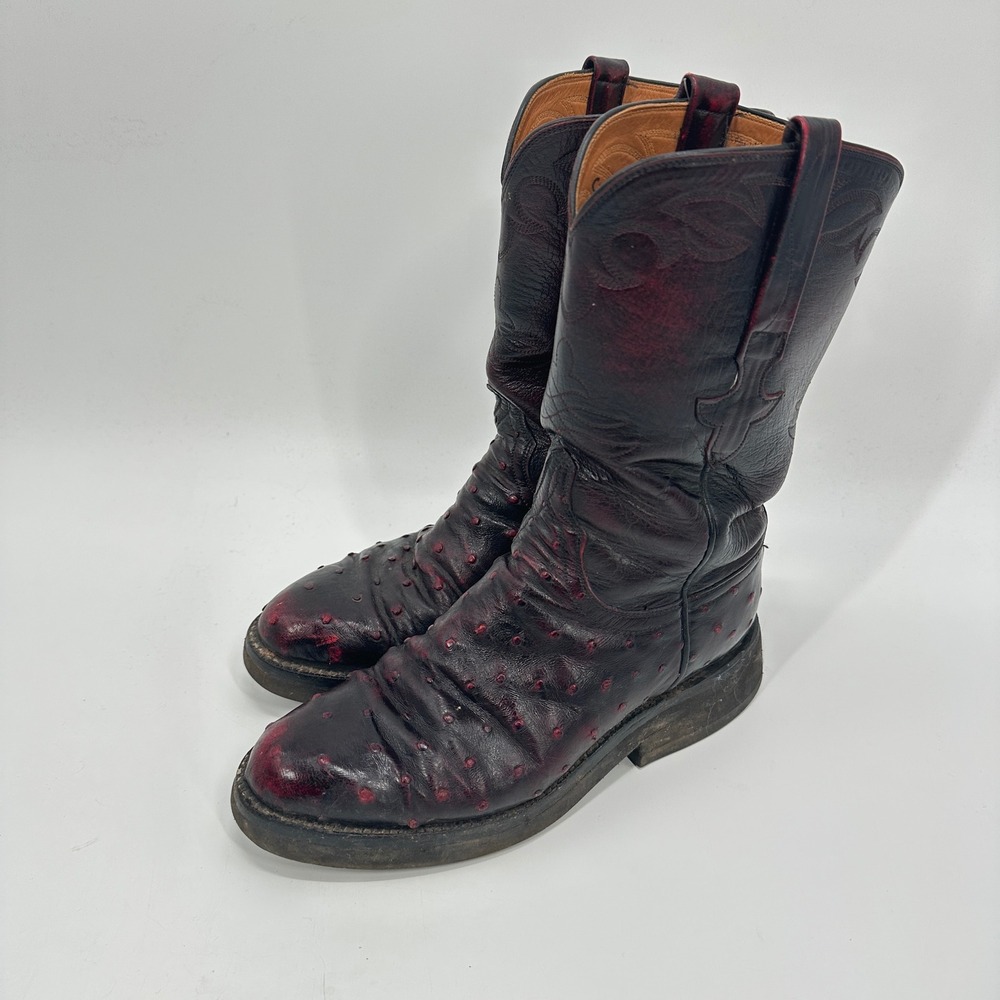 Lucchese Classics Handmade Ostrich Boots 6.5 B Black Cherry Red Western
